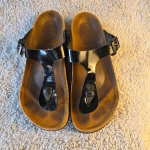 Birkenstock Gizeh Sandals Black Patent Leather Thong EU 37 Women's